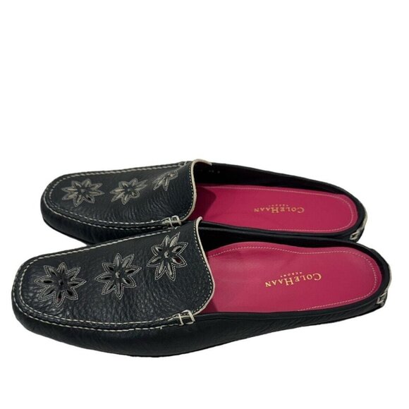 Cole Haan Womens 7.5 Black Pebbled Cut Out Leather Mules Slip On Driving Shoe - Picture 3 of 11